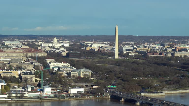 Zoom out Aerial high angle view of Washington DC National Mall with Lincoln Memorial Washington Monument and United States Capitol.