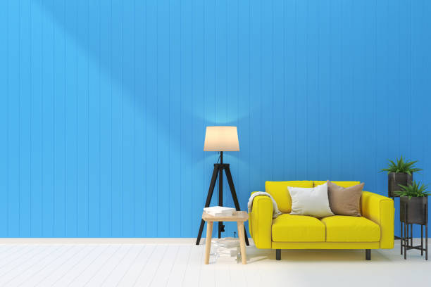 istock Scandinavian Cozy Living Room Interior With Minimal Sofa Plant Tree,3D Render,Background Mock up Concept Design 1267813397