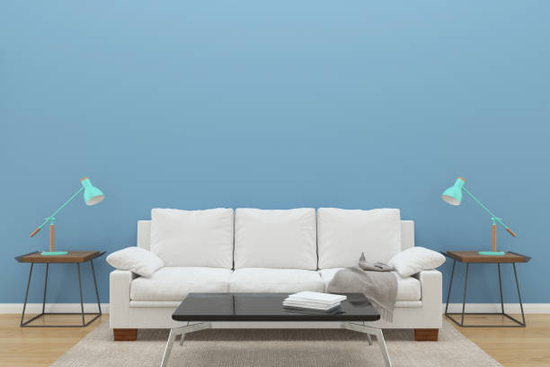 istock Scandinavian Cozy Living Room Interior With Minimal Sofa Plant Tree,3D Render,Background Mock up Concept Design 1267813433