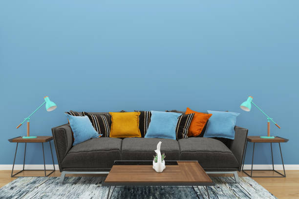 istock Scandinavian Cozy Living Room Interior With Minimal Sofa Plant Tree,3D Render,Background Mock up Concept Design 1267813751