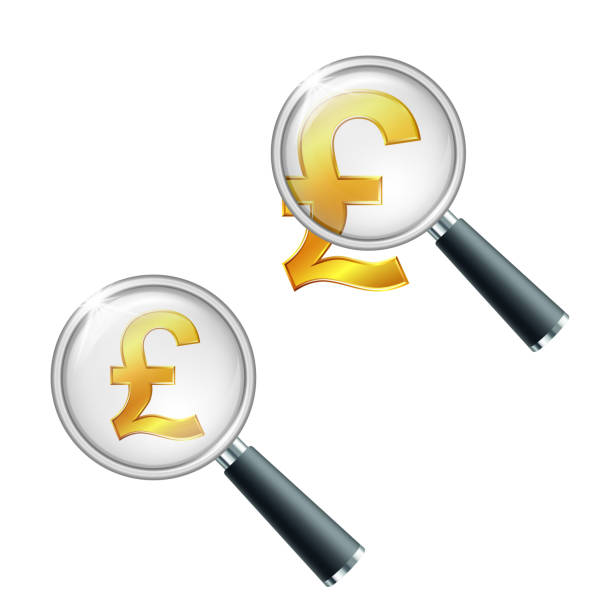 Shiny golden pound currency symbol with magnifying glass. Shiny golden pound currency symbol with magnifying glass. Search or check financial stability. Vector illustration isolated on white background one pound coin stock illustrations