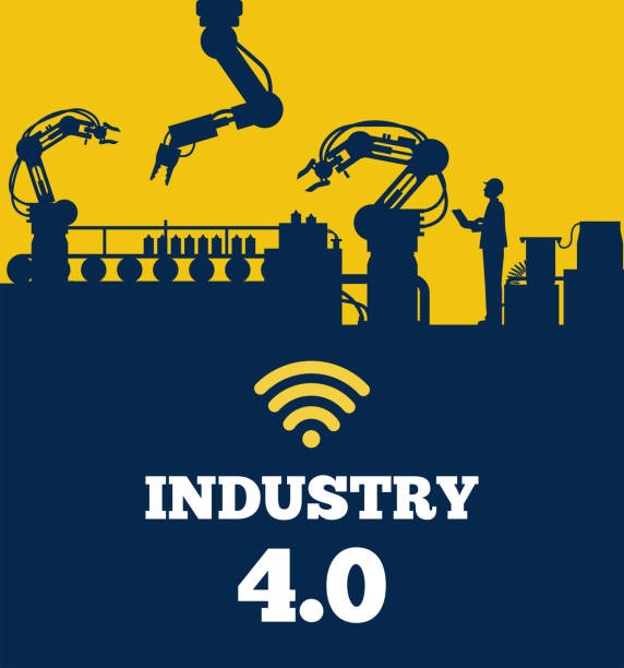 Industry 4.0 concept, Silhouette of automated production line with worker. Vector Eps 10 industry and manufacturing infographics stock illustrations