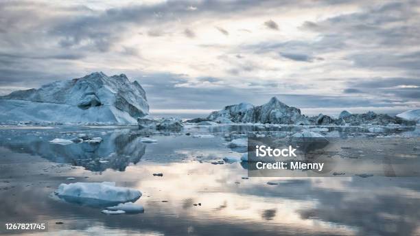 Greenland Icebergs Sunset Cloudscape Panorama Stock Photo - Download Image Now - Arctic, Climate Change, Iceberg - Ice Formation