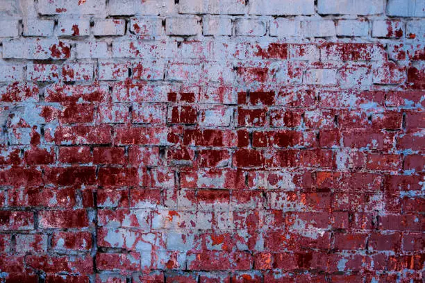 Empty Old Brick Wall Texture. Painted Distressed Wall Surface. Grungy Wide Brickwall. Grunge Red Stonewall Background. Shabby Building Facade With Damaged Plaster. Abstract Web Banner. Copy Space