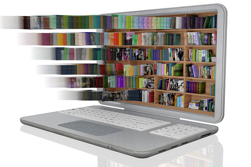 3D illustration. Library, with lots of books, inside a laptop. Ebooks, electronic books, available for download on portable computing device.