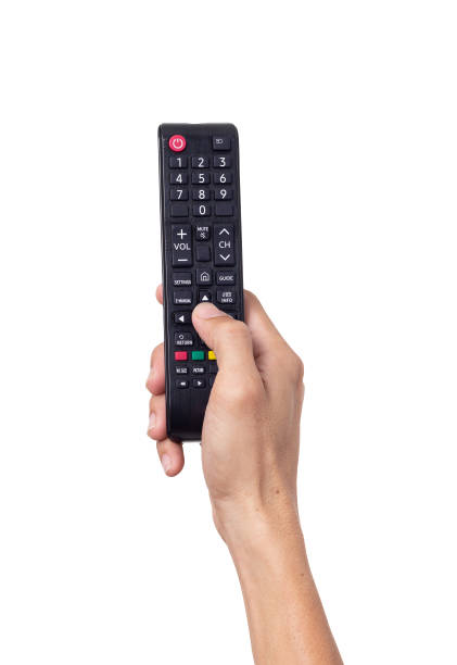 Man hand holding tv remote control isolated on white background
