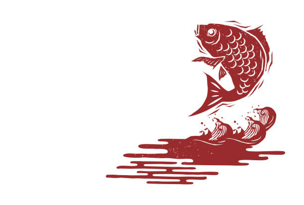 ภาพประกอบสต็อกที่เกี่ยวกับ “สไตล์ woodcut 2021 ปลากะพงและคลื่นวัสดุภาพประกอบเวกเตอร์การ์ดปีใหม่ - วงศ์ปลาจาน ปลาเขตร้อน”
