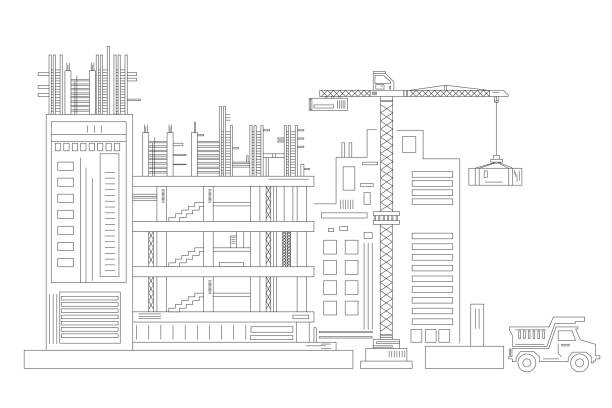 Line sketch construction design Line sketch construction design, outline of a factory, vector design drawing of scaffold stock illustrations