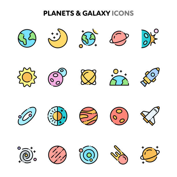 illustrazioni stock, clip art, cartoni animati e icone di tendenza di set di icone planets & galaxy. serie linelo color. - mercury rocket