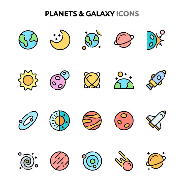 ilustrações, clipart, desenhos animados e ícones de planets & galaxy icon set. série de cores linelo. - mercury rocket