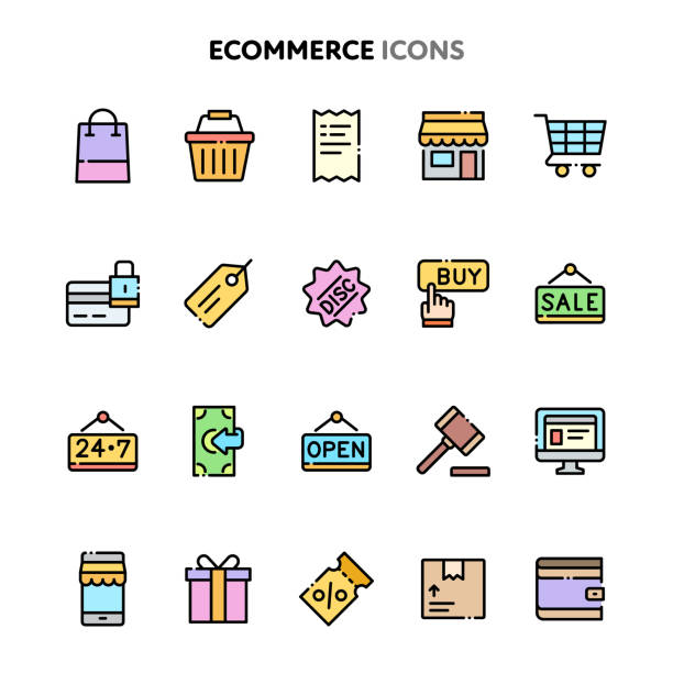 набор икон электронной коммерции. серия цветов linelo. - auction interface icons push button buy stock illustrations