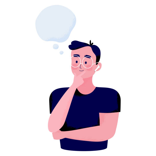 ilustrações de stock, clip art, desenhos animados e ícones de concept illustration of a young man pose by placing a finger on the chin and smiles thinking about something with text space - something