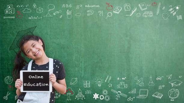 istock Online education class, e-learning success for kid with school girl child student learning using digital tablet and internet study lesson classroom with copy space of teacherâs blackboard background 1267916410