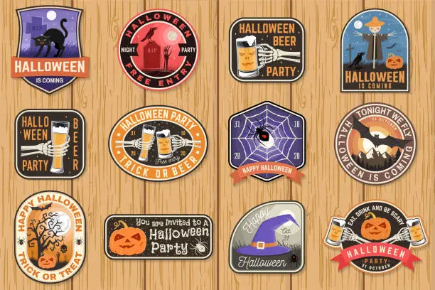 Vector illustration of Halloween patches. Halloween retro badge, pin Sticker for logo, print, seal, stamp, patch. Scarecrow with raven, pumpkin, skeleton hand, cemetery, glass of magic beer. Typography design- stock vector