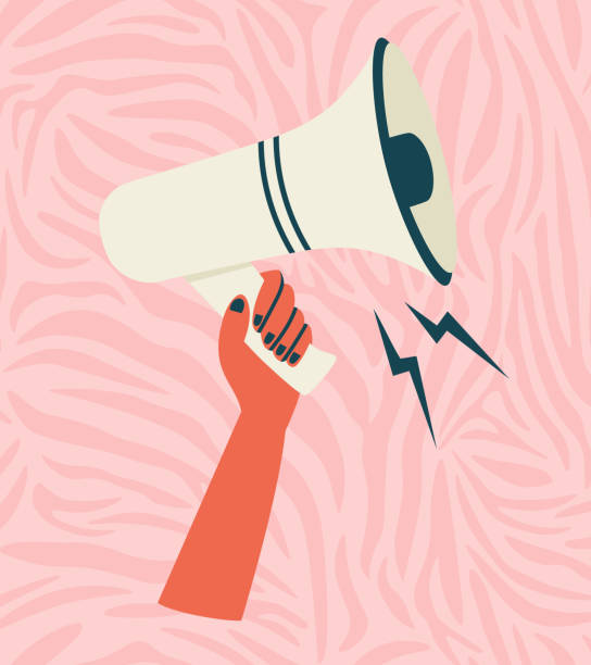 istock Vector illustration of hand with the loudspeaker on a pink zebra background. Girl power illustration. 1267920629