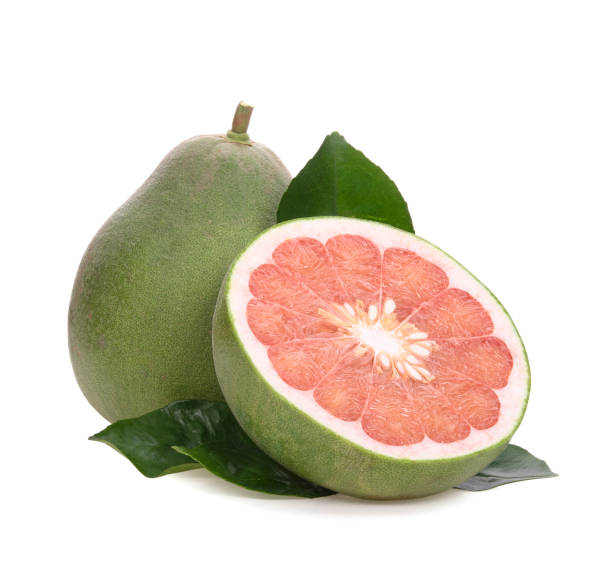 istock Red Pomelo citrus fruit with leaves on white background 1267929511