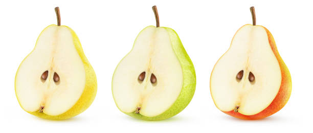 istock Isolated yellow, green and red pear halves in a row 1267929692