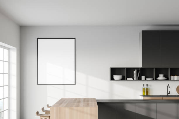 istock White kitchen with bar and poster, close up 1267933684