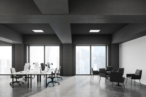 istock Grey and wooden open space office with lounge 1267933724
