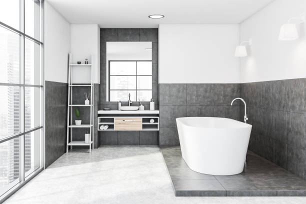 istock White and grey bathroom interior with shelves 1267933788