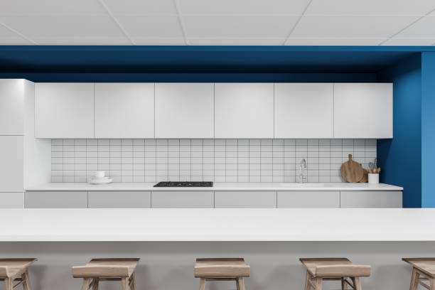 istock Bar counter in bright blue cafe 1267934984