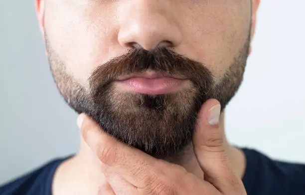 Photo of Close up of young bearded man touching his beard while standing against gray background