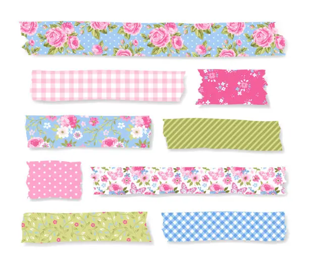 Vector illustration of Vector colorful set of sticky washi tapes with torn edges. Collection of adhesive scotch strips with polka dots, plaid, floral patterns