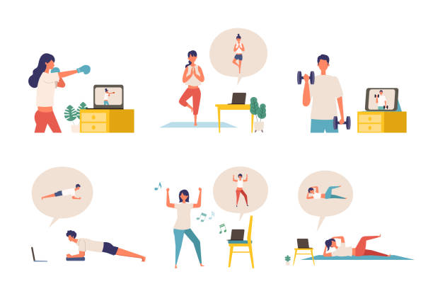 koncepcja fitness online. poćkań za pomocą monitora, laptopa, tabletu. wektorowa ilustracja ludzi relaksujących się w ich domu. - yoga class instructor yoga exercising stock illustrations