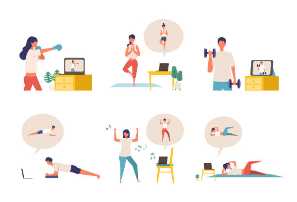 Online fitness concept. Work out via monitor, laptop, tablet. Vector illustration of a people relaxing in their home. Online fitness concept. Work out via monitor, laptop, tablet. Vector illustration of a people relaxing in their home. Collection of people working out at home. active lifestyle illustrations stock illustrations