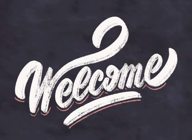 Welcome. Chalkboard vector lettering sign. Welcome. Chalkboard vector hand drawn lettering sign. welcome stock illustrations