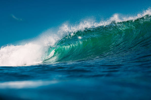 istock Crashing perfect blue wave. Breaking barrel wave, power of ocean 1267946113