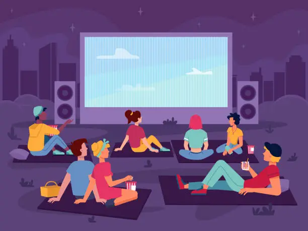Vector illustration of Cinema open air movie in park, night outdoor, vector people watch screen, flat cartoon background. Open air cinema, couples or girls and men guys sitting with popcorn and drinks watching movie