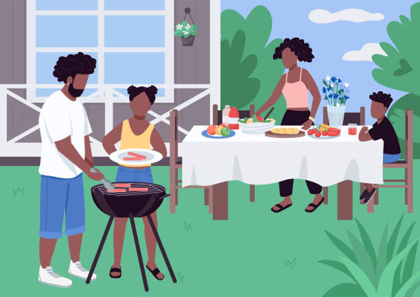 아프리카 가족 바베큐 플랫 컬러 벡터 일러스트레이션 - picnic family barbecue social gathering stock illustrations