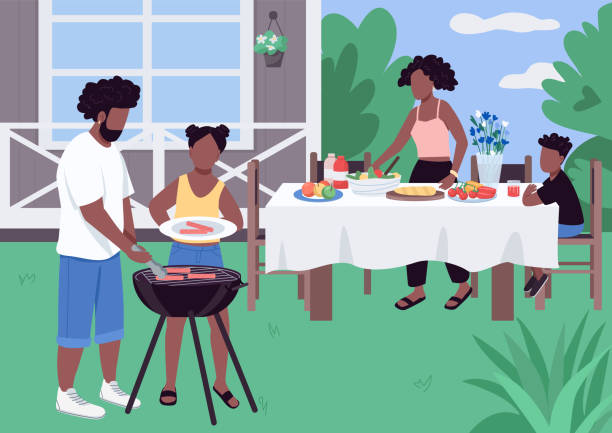 African family barbeque flat color vector illustration African family barbeque flat color vector illustration. Quality time together while preparing BBQ. Holiday recreation in house yard. African american 2D cartoon characters with landscape on background family outdoors stock illustrations