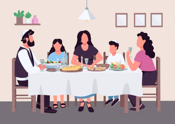 yahudi aile yemeği düz renk vektör illüstrasyon - musevilik stock illustrations