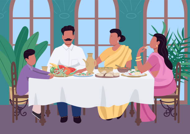 Indian family meal flat color vector illustration Indian family meal flat color vector illustration. Traditional dinner at table with children and parents in Asia. Household lunch. Relatives 2D cartoon characters with interior on background banquet chairs stock illustrations