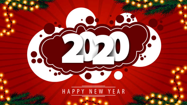 istock 2020, happy New Year, white volumetric numbers on abstract circle shapes in graffiti style, Christmas tree branches and garland. 1267949332