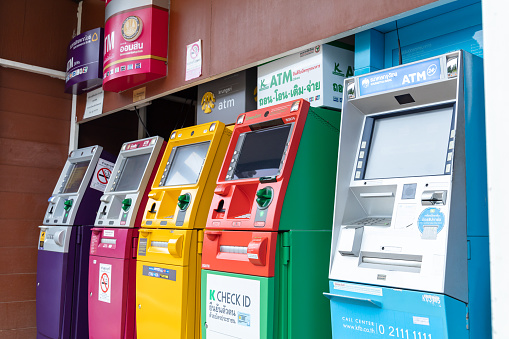 Chiang Rai, Thailand: July 14, 2020 - ATM machine, Automatic Teller Machine or Bank machine to withdrawing money from credit card in Doi-Tung, Chiang Rai, Thailand