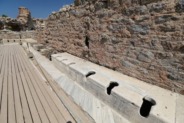 public toilets of ephesus ancient city, izmir city, turkey - toilet public restroom ephesus history imagens e fotografias de stock