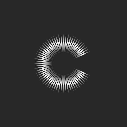Logo C letter 3d shape, minimal style typography design mockup, radial beams construction, linear arc form illusion.