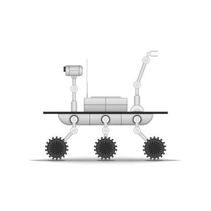 Mars rover or lunar rover side view with manipulator and video camera, clipart realistic vector 3d model isolated on white