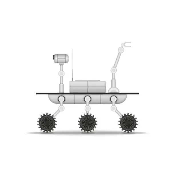 Vector illustration of Mars rover or lunar rover side view with manipulator and video camera, clipart realistic vector 3d model isolated on white