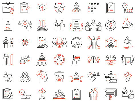 Vector Set of Linear Icons Related to Recruitment, Career Progress and Personal Development. Mono Line Pictograms and Infographics Design Elements