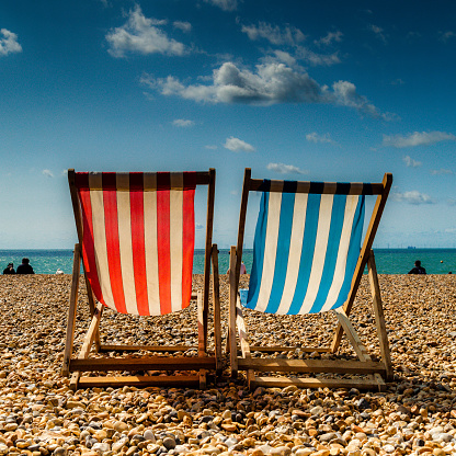 Red and blue deck chairs, Brighton beach.