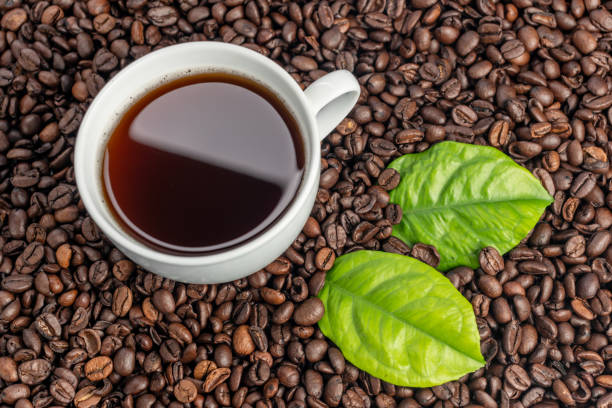 istock White cup with freshly brewed aromatic coffee on the background of coffee beans 1267988329