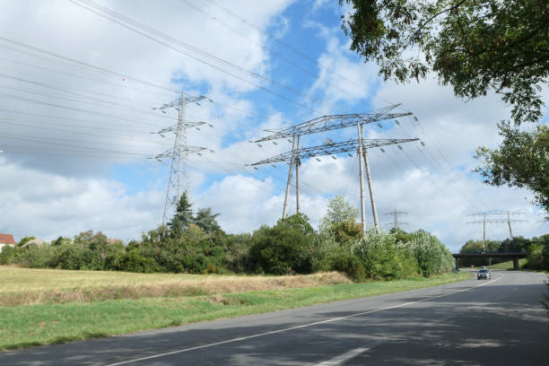 istock Group of electric pylons, high voltage lines. 1267991332