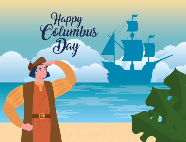 happy columbus day national usa holiday, with christopher columbus watching on beach happy columbus day national usa holiday, with christopher columbus watching on beach vector illustration design christopher columbus stock illustrations