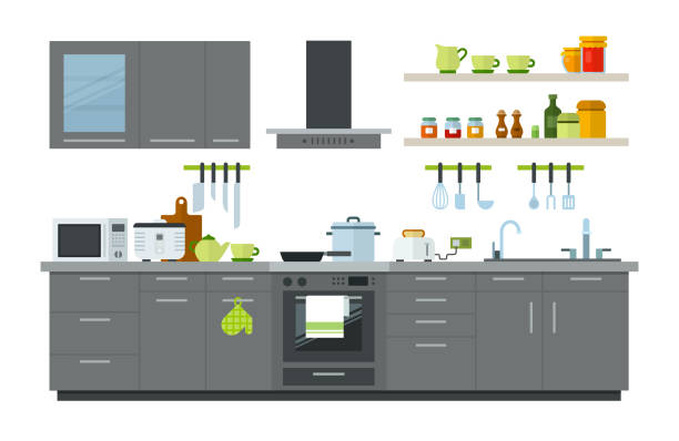 ilustraciones, imágenes clip art, dibujos animados e iconos de stock de ilustración de un interior de cocina con muebles, electrodomésticos y utensilios de ilustración vectorial - slow jam
