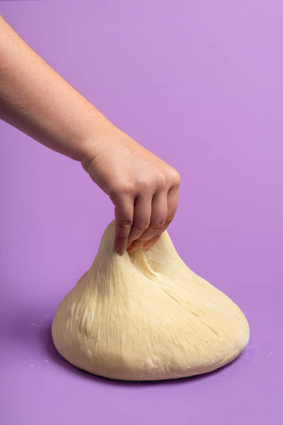 bread dough isolated on purple color. woman hand stretching the dough. home baking - dough sphere kneading bread imagens e fotografias de stock