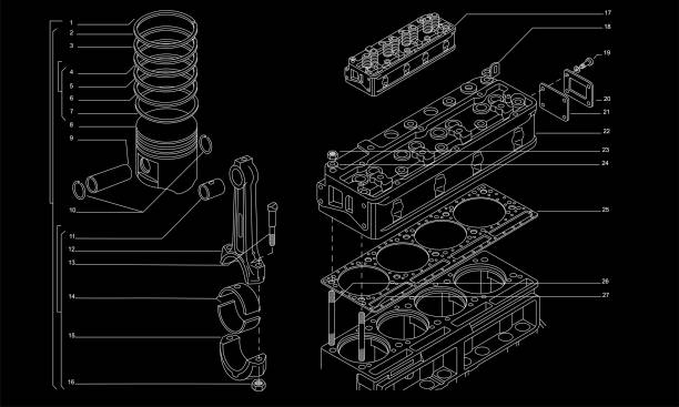 Tech drawing of gas engine Tech drawing of gas engine outdated technology stock illustrations